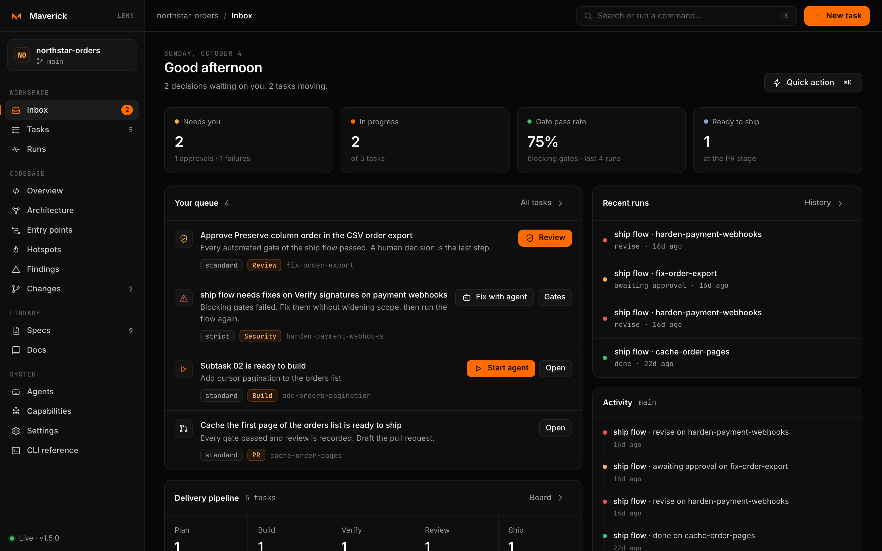 Lens Inbox: decisions waiting on you, failing flows with Fix with agent, ready subtasks with Start agent, gate pass rate and the delivery pipeline.