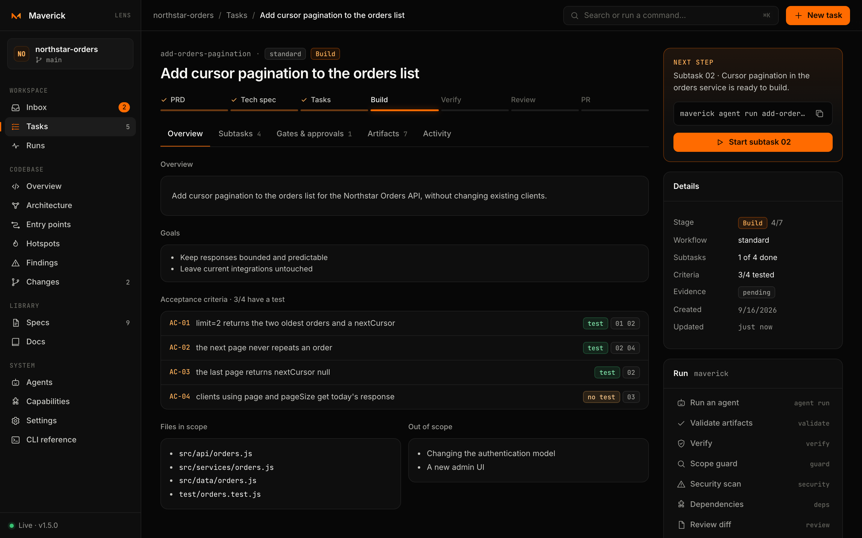 Lens task page: workflow stages, the next step with its command, acceptance criteria traced to tests and subtasks, and files in and out of scope.