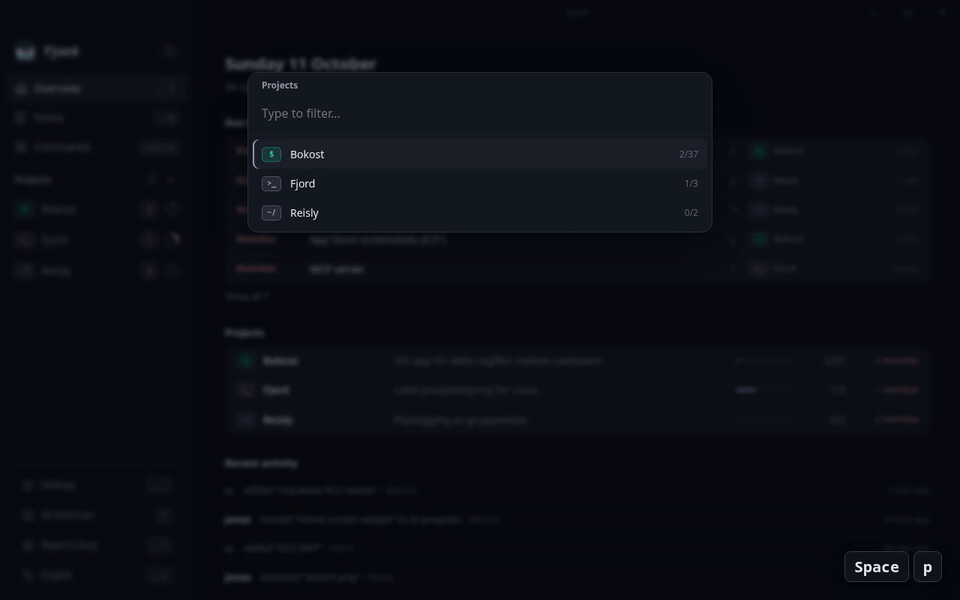Fjord used with the keyboard only: jump to a project, move and add tasks, search, open the Git tab and notes