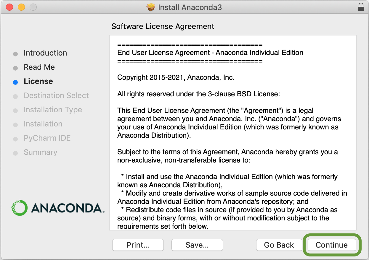 Anaconda macOS installer license