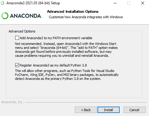 Anaconda Windows Advanced Installation Options