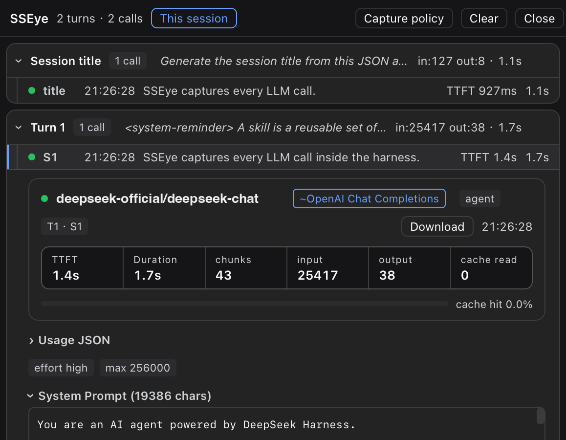 SSEye panel: turn-grouped call list with an expanded inline detail — provider/model hero, TTFT/duration/usage stats, cache-hit bar, prompt and message sections