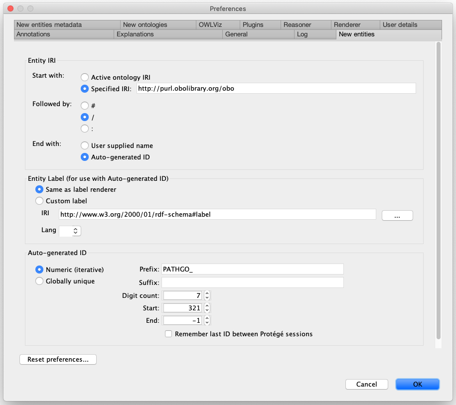 New entity settings pane