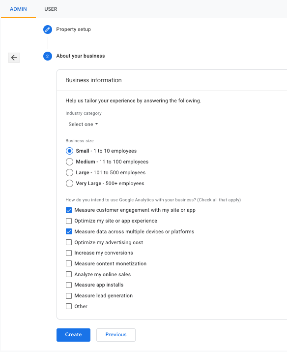 Google Analytics Property choices