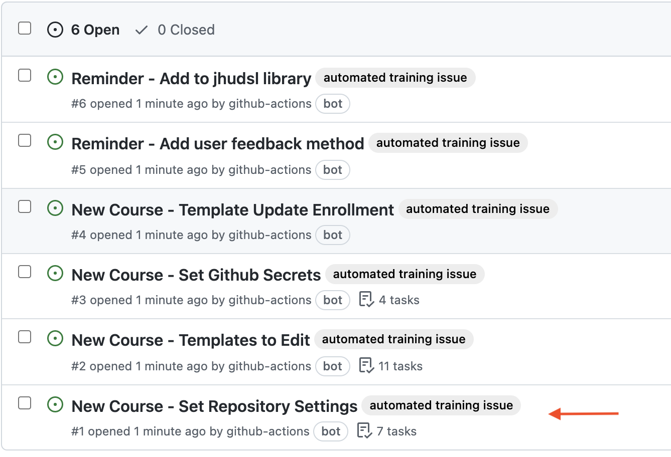 Next issues checklist for repository settings