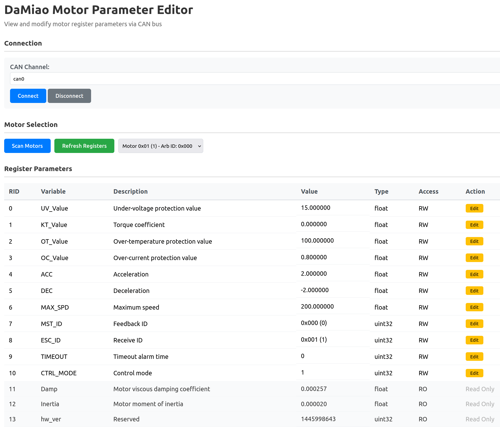 DaMiao Motor Parameter Editor GUI