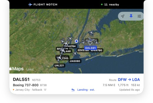 Flight Notch showing nearby aircraft on a satellite map