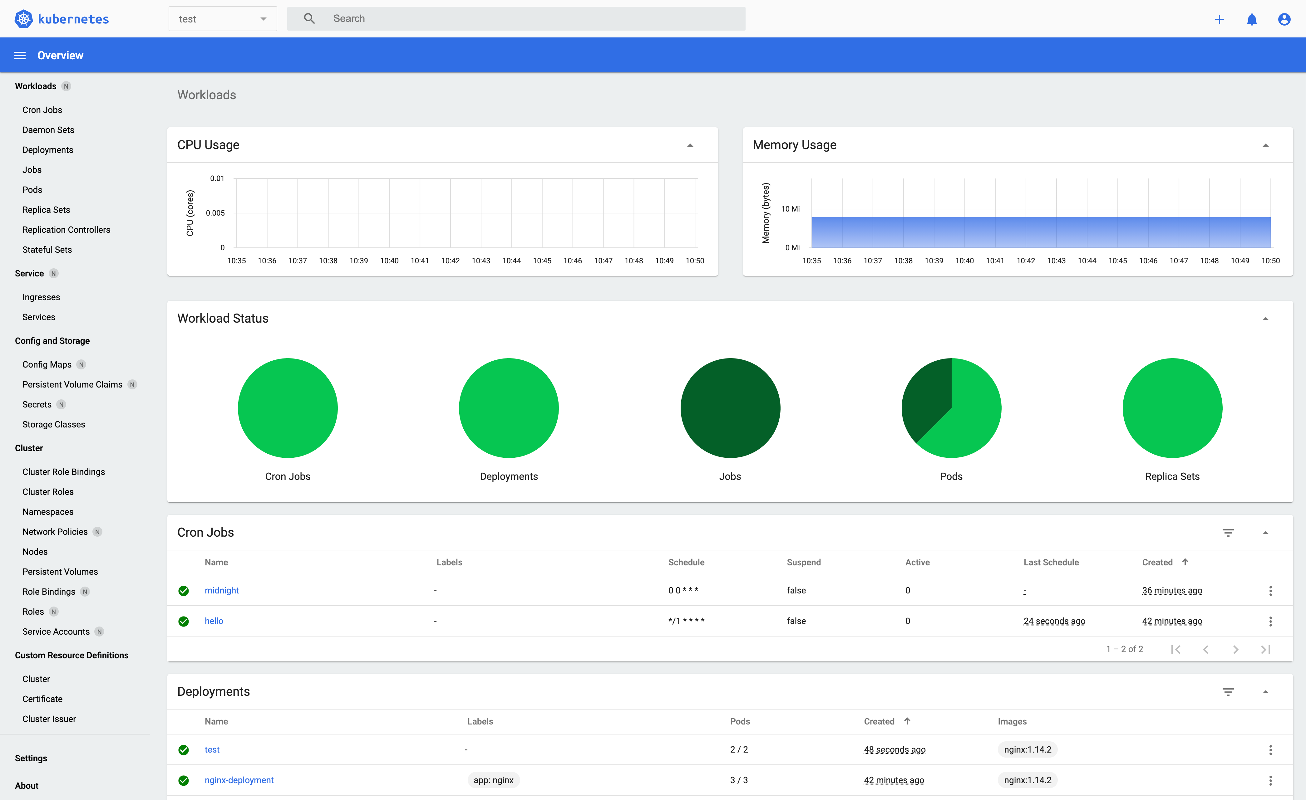 Dashboard UI workloads page