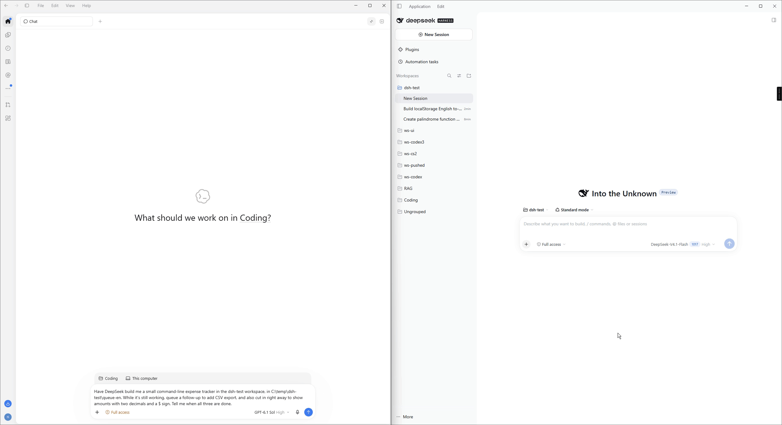 Codex on the left starts a DeepSeek task, queues a follow-up, steers the running turn and waits; DeepSeek Harness on the right runs each one live