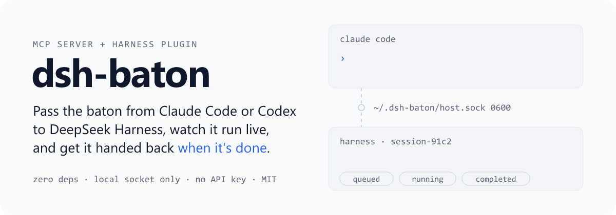 dsh-baton: pass the baton from Claude Code or Codex to DeepSeek Harness, watch it run live, and get it handed back when it's done