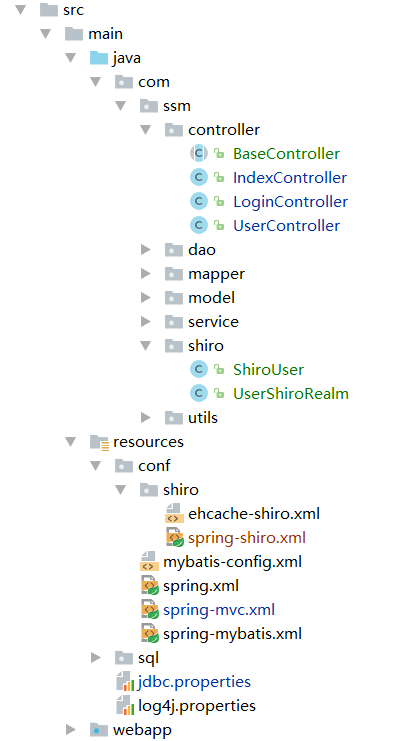 maven + spring + spring MVC + mybatis + shiro 项目项目结构图