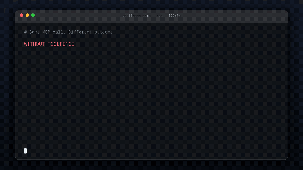 ToolFence blocks a synthetic .env leak before it reaches the MCP server