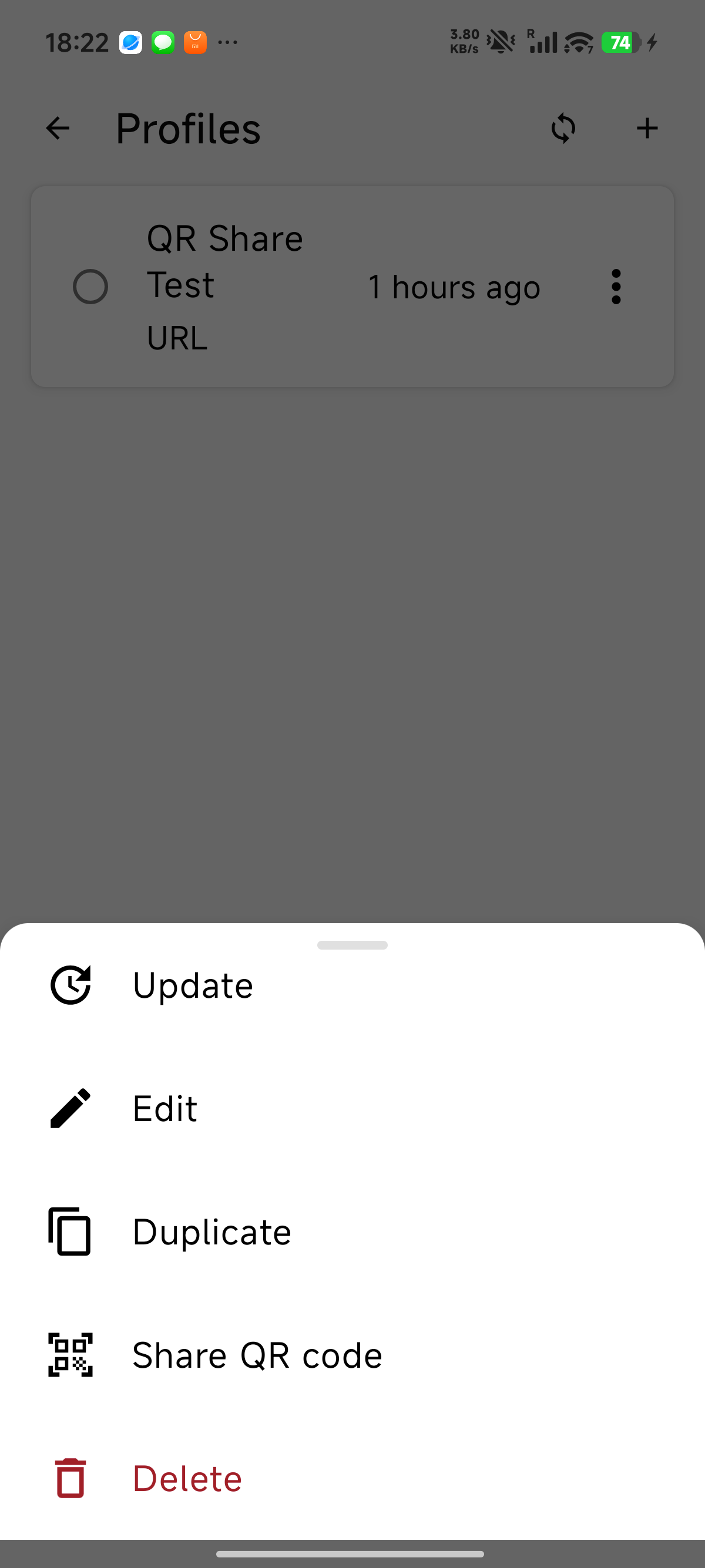 Share QR code directly below Duplicate in the profile menu