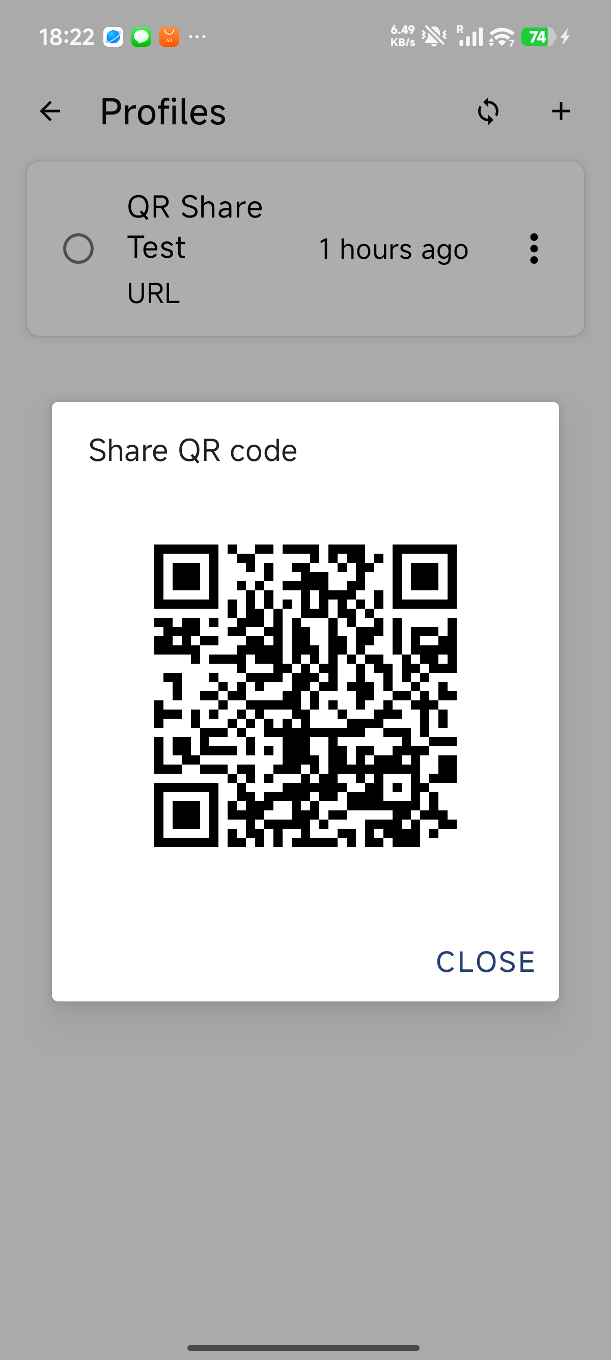 QR code dialog showing the original profile URL