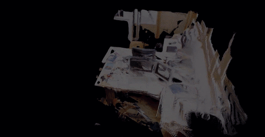 VGGT-SLAM 2 dense feed-forward SLAM on TUM RGB-D — a full-resolution orbit of the finished dense point-cloud map, then the live in-canvas build with the camera trajectory in submap bursts and the map growing chunk-by-chunk