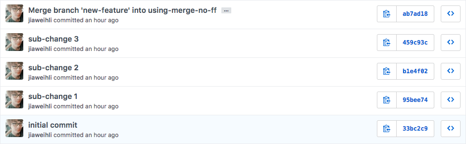 commits, using --merge-no-ff