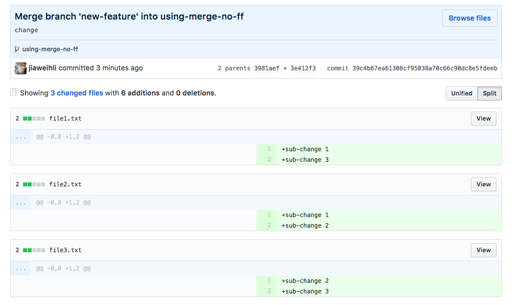 diff, using --merge-no-ff