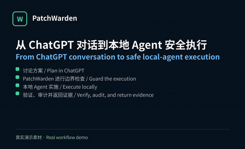 PatchWarden 53 秒工作流演示:在 ChatGPT 中规划,由本地 Agent 执行,再验证和审计结果