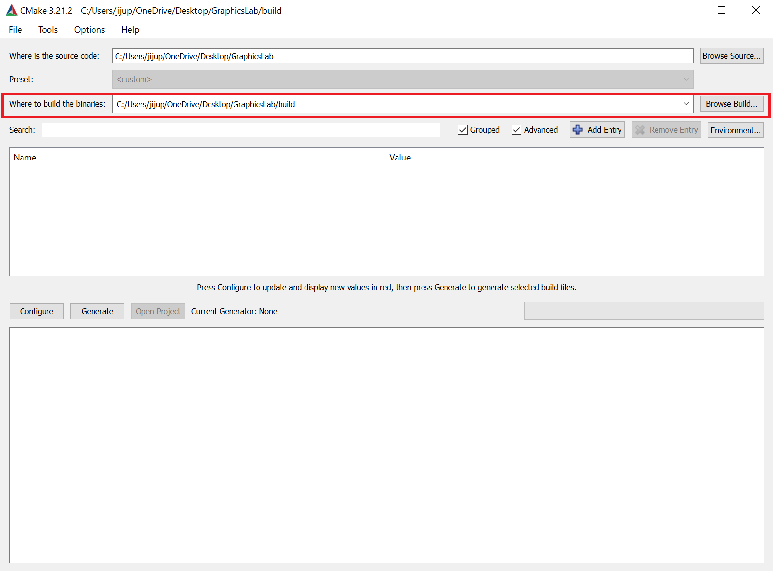 Entering the build path in the CMake GUI