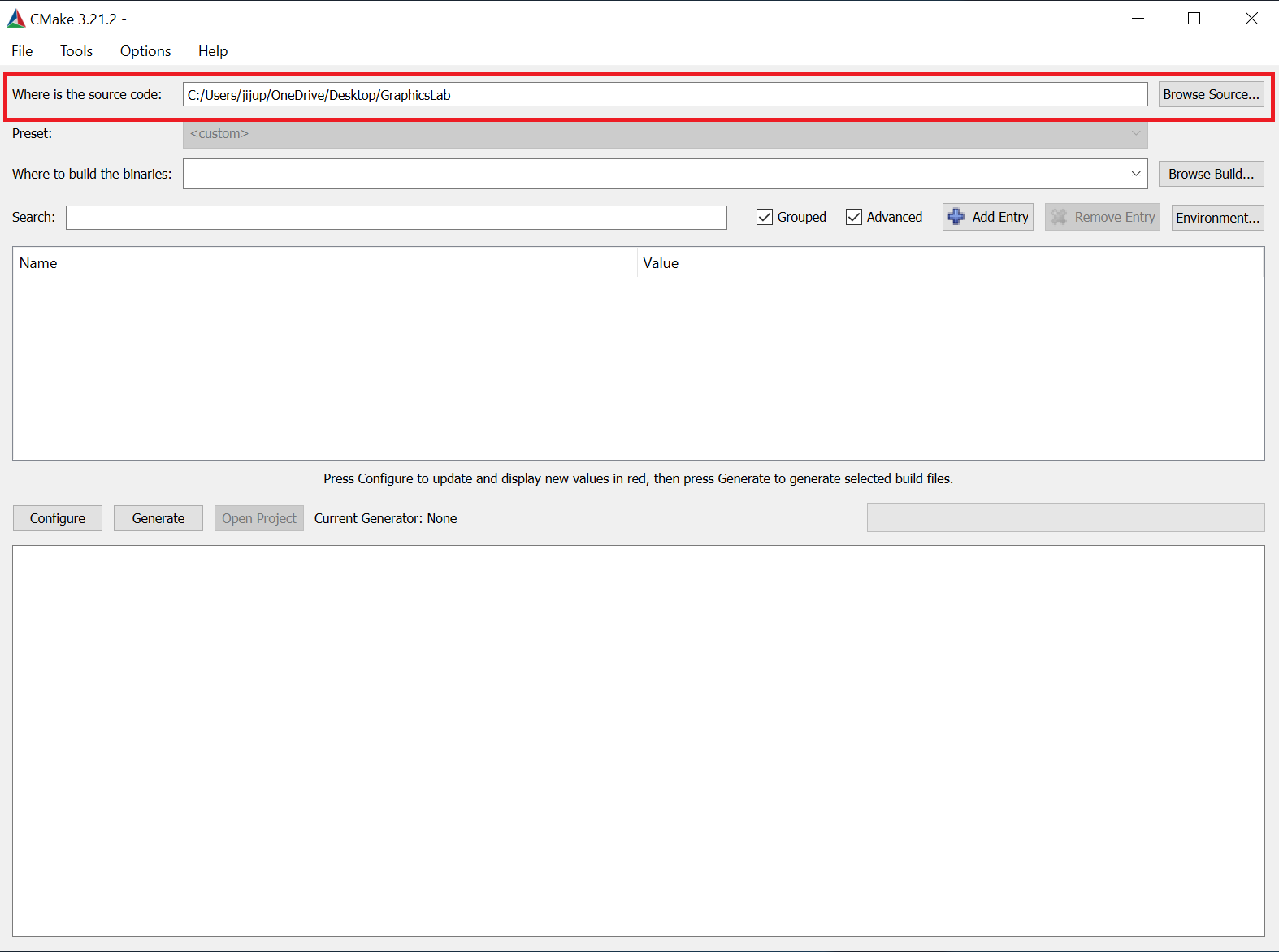 Entering the source path in the CMake GUI
