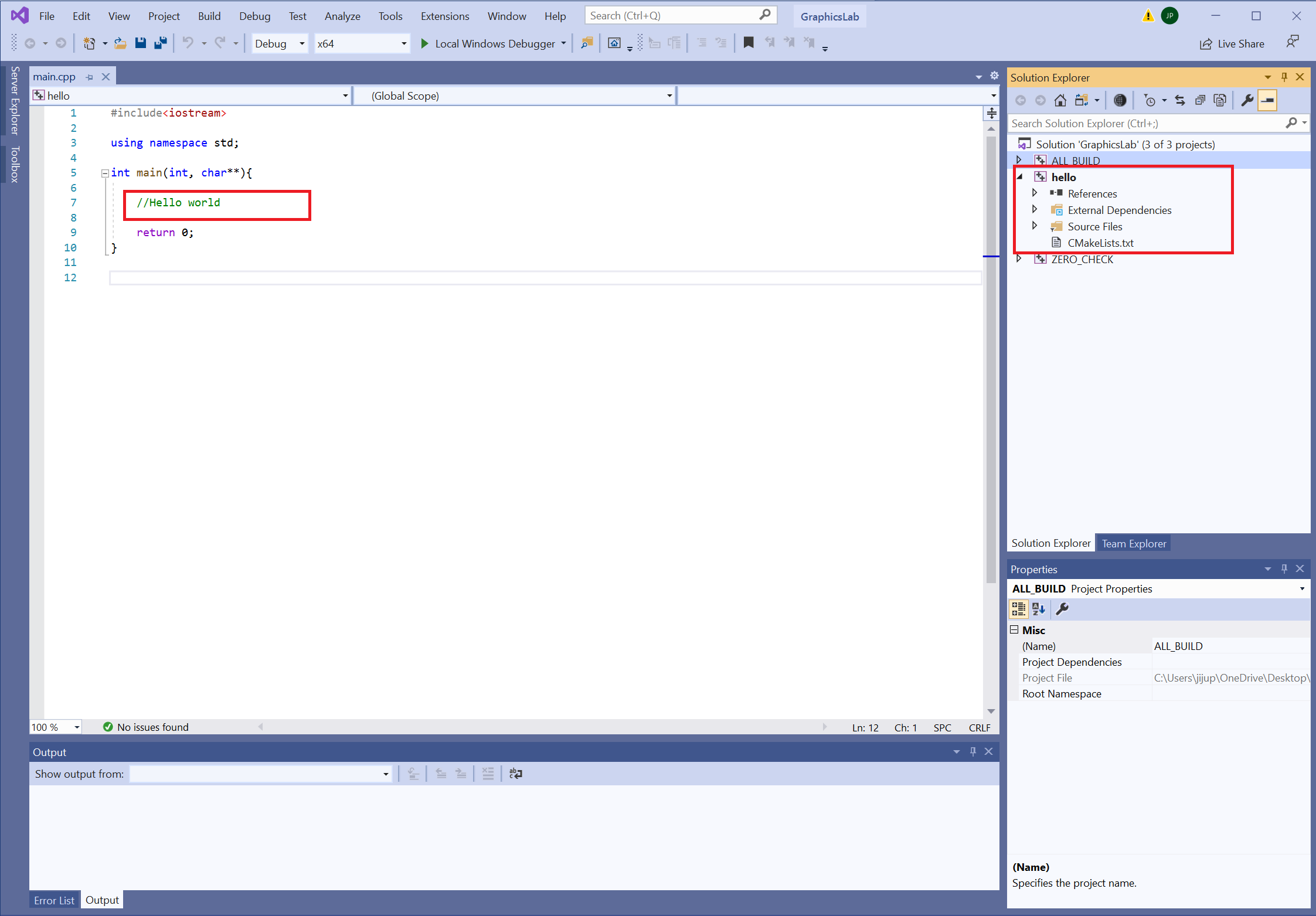 The GraphicsLab2026 solution open in Visual Studio