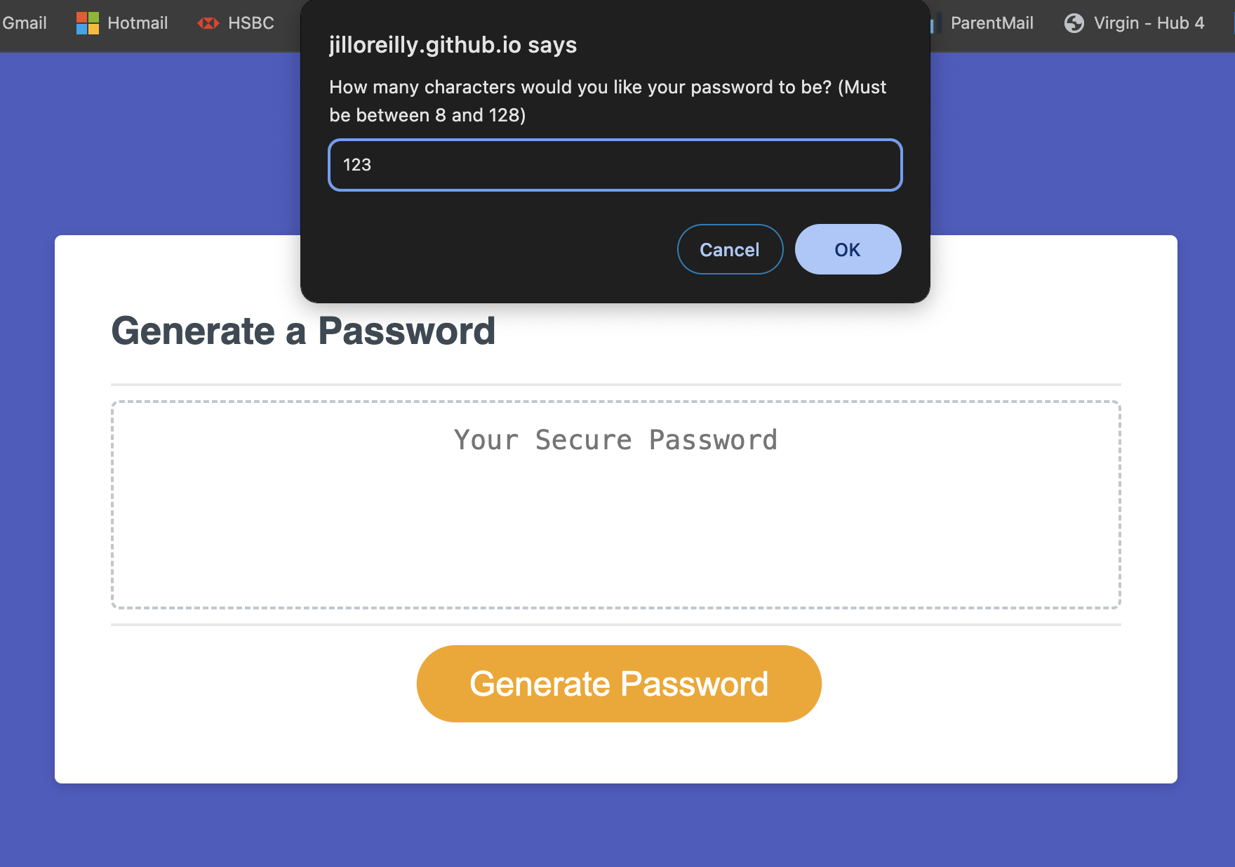 Password Generator application - Prompt user for password length.