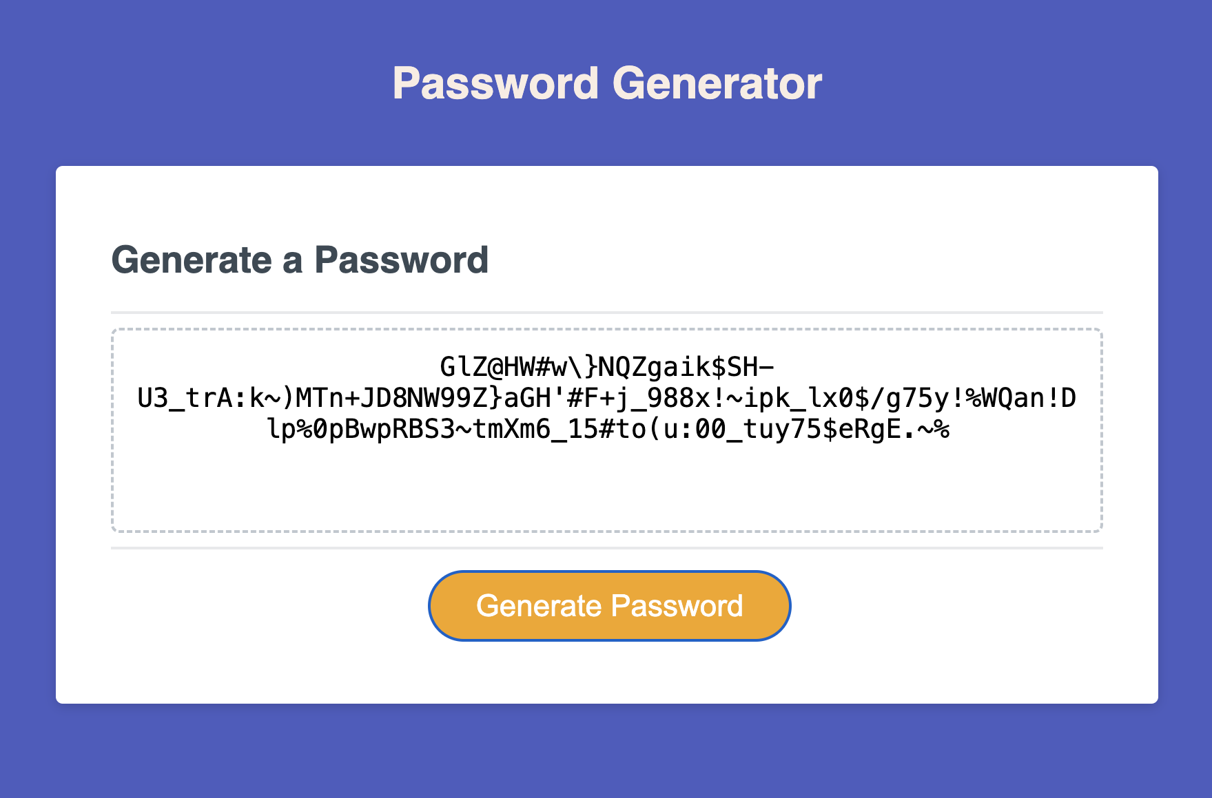 Password Generator application - Randomly generated password printed to screen.