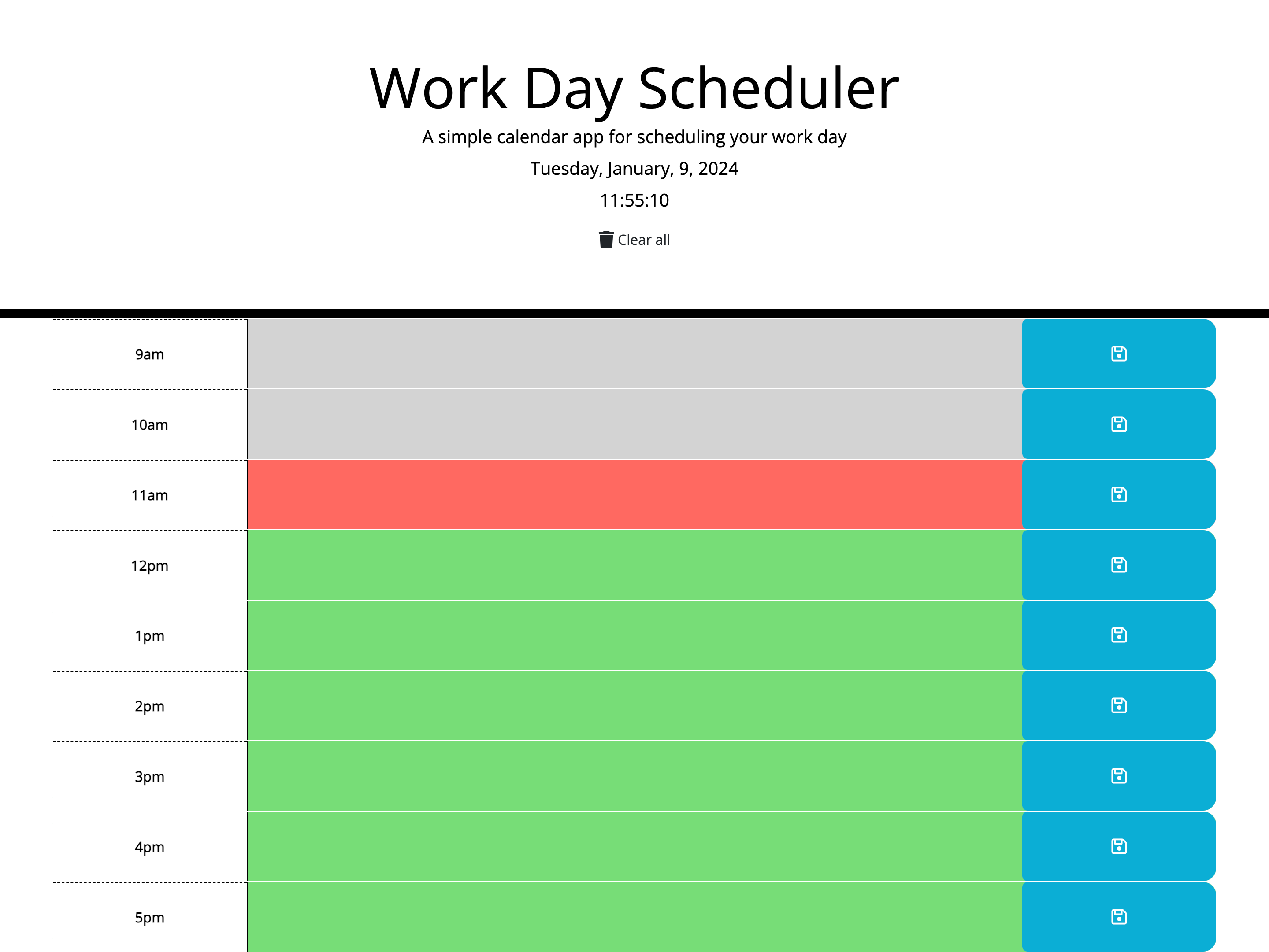 Work Day Scheduler - Current date and time displayed. Timeblocks are colour coded (past, present, future).