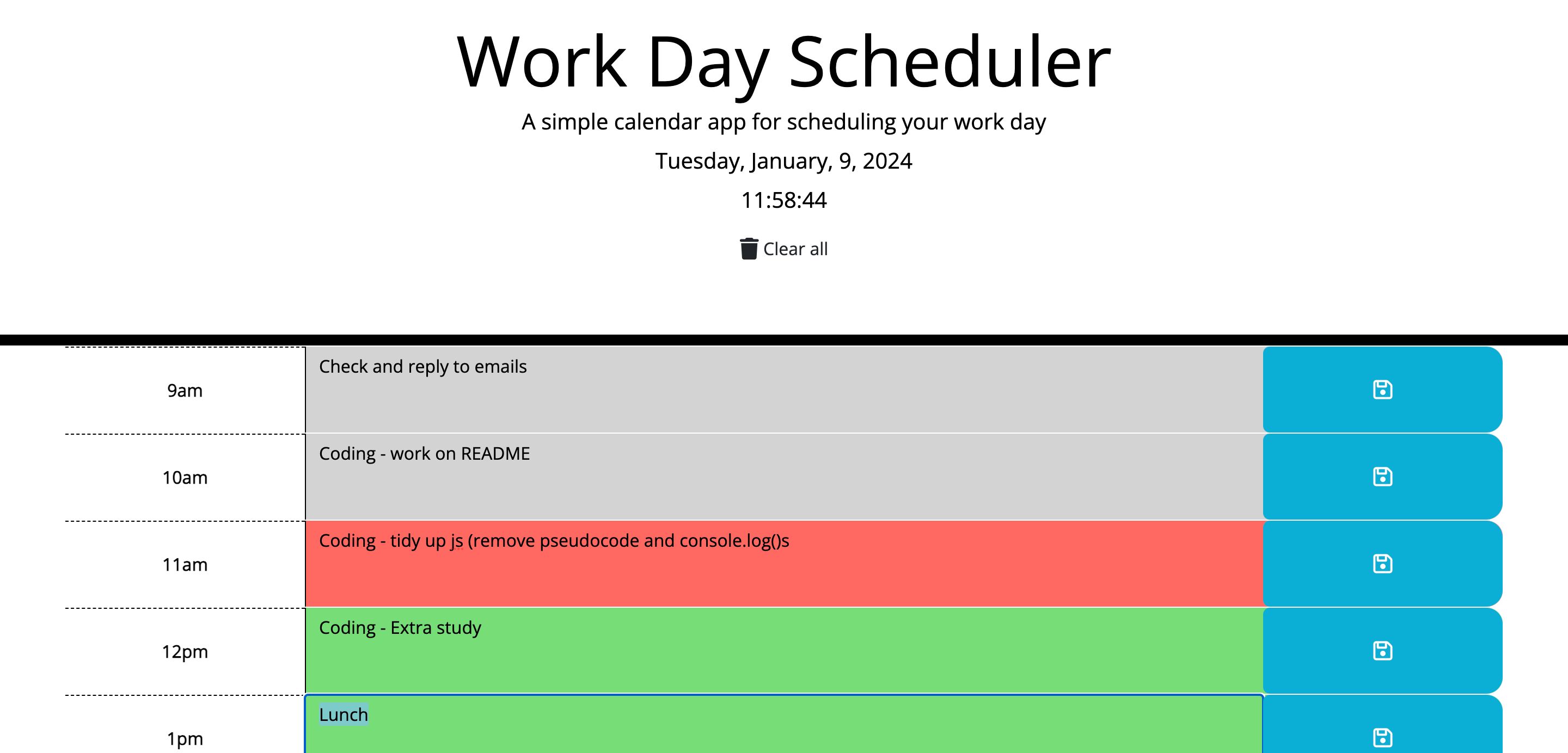 Work Day Scheduler - Click on timeblock and enter a task.