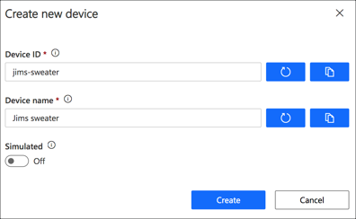 The create new device dialog