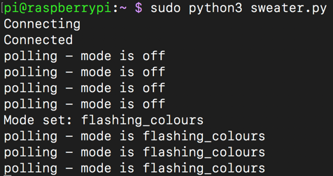 The output from the python app showing the mode changing to flashing colours