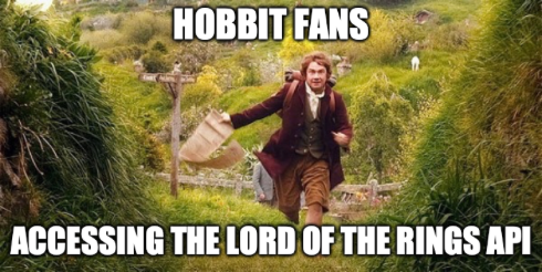 A meme of Bilbo Baggins running with the caption hobbit fans accessing the lord of the rings API