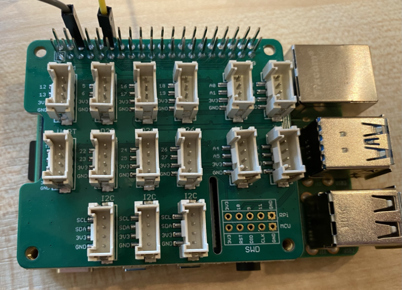 The Pi with a Grove hat and the LED pins connected