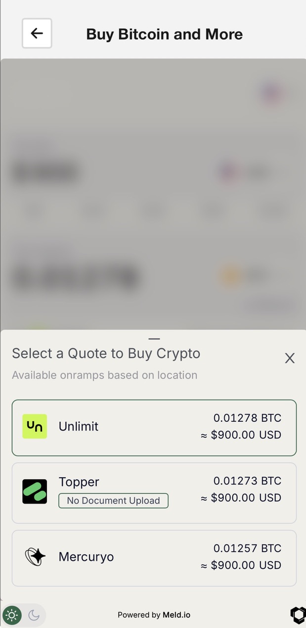 Meld Buy / Sell screen showing BTC price with payment and delivery options