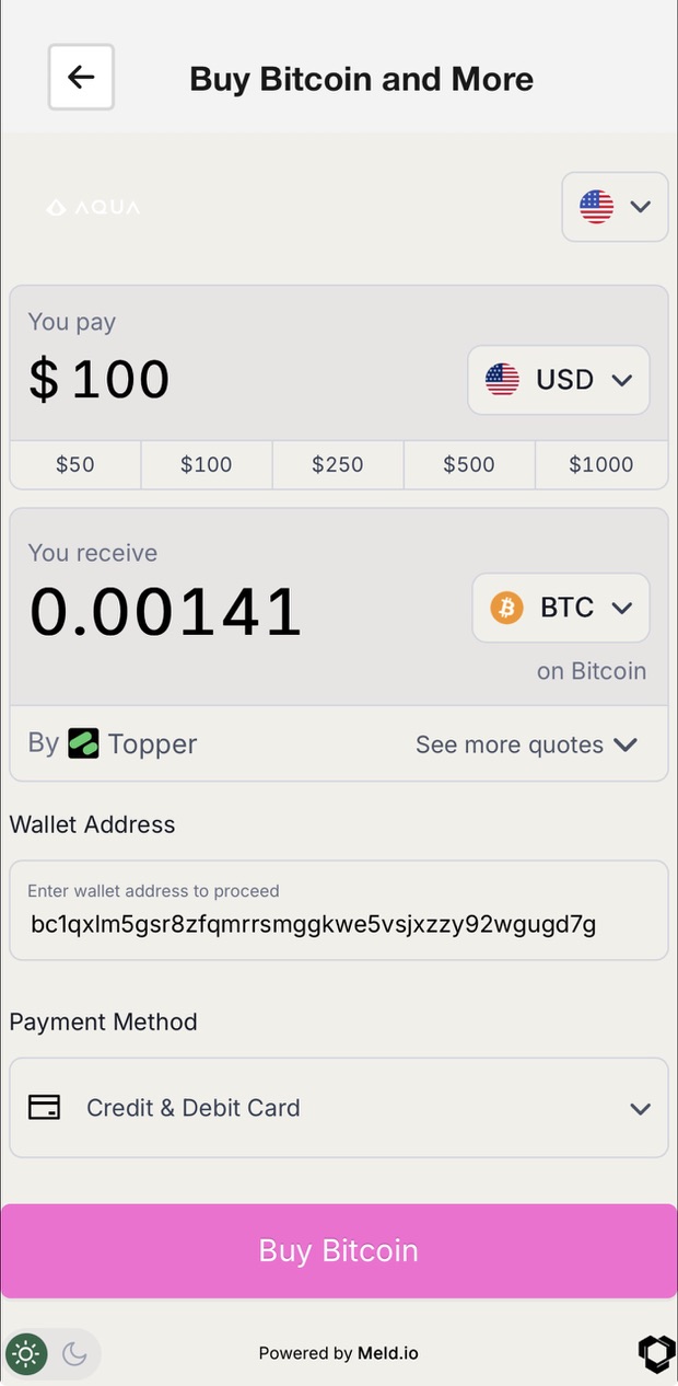 AQUA Marketplace screen with Buy Bitcoin, Swaps, and BTC Map