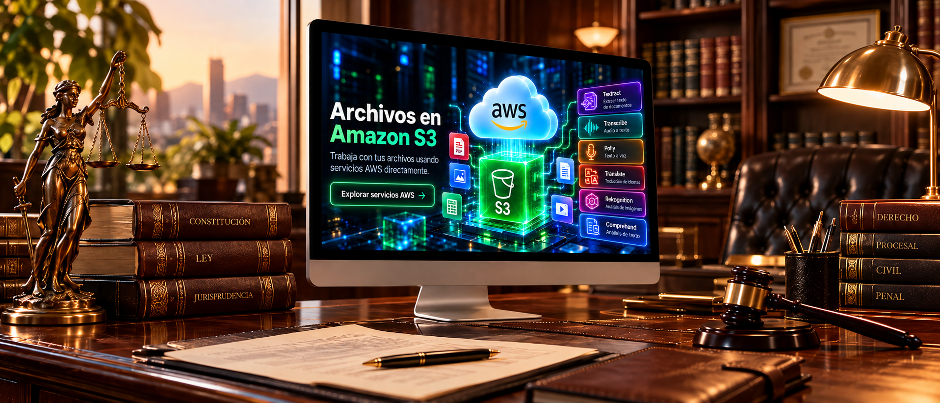 Esforzados Legal: imagen institucional con oficina jurídica, documentos y computadora mostrando ArcadeCloud Drive.
