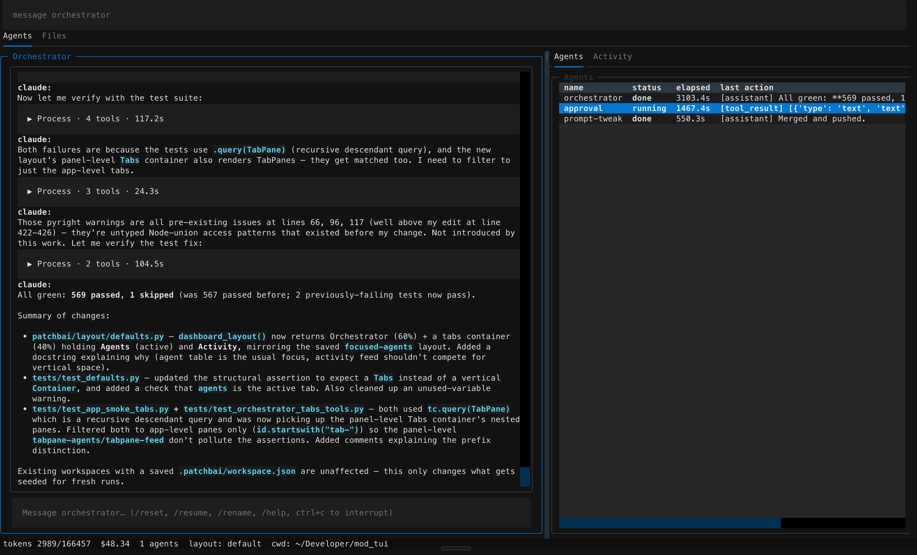 patchfeld — orchestrator chat on the left, agent table and activity feed on the right