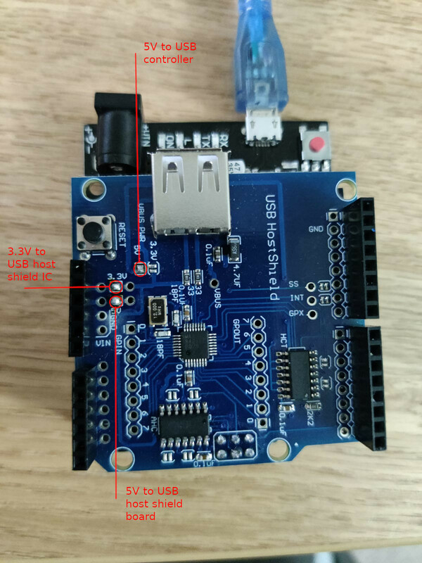 Arduino USB host shield with power supply pads highlighted