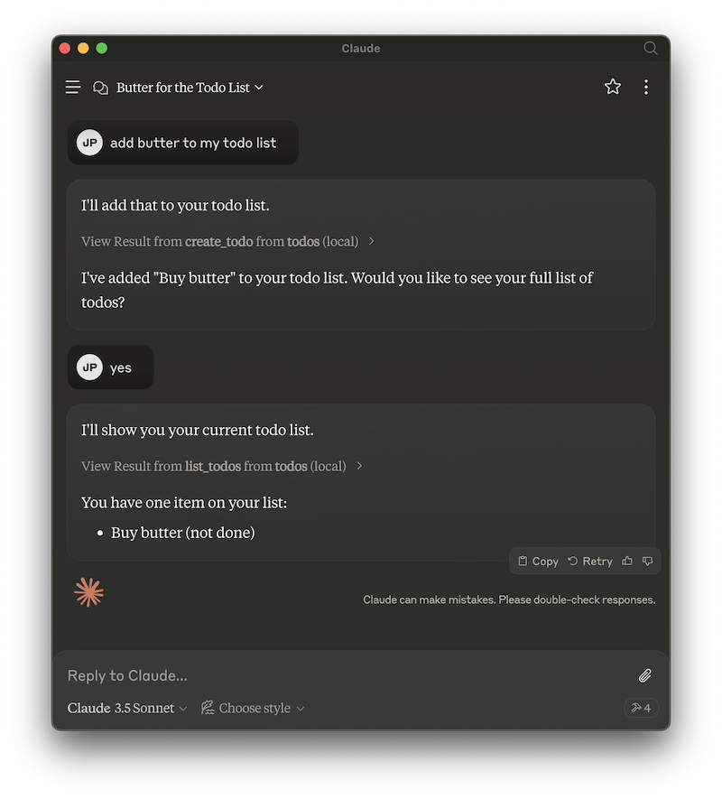 Claude Desktop Screenshot - Add Butter to To Do List