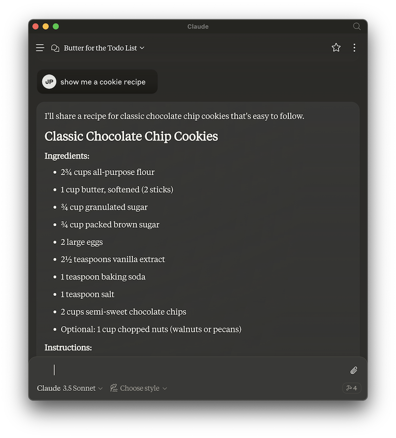 Claude Desktop Screenshot - Ask for a cookie recipe