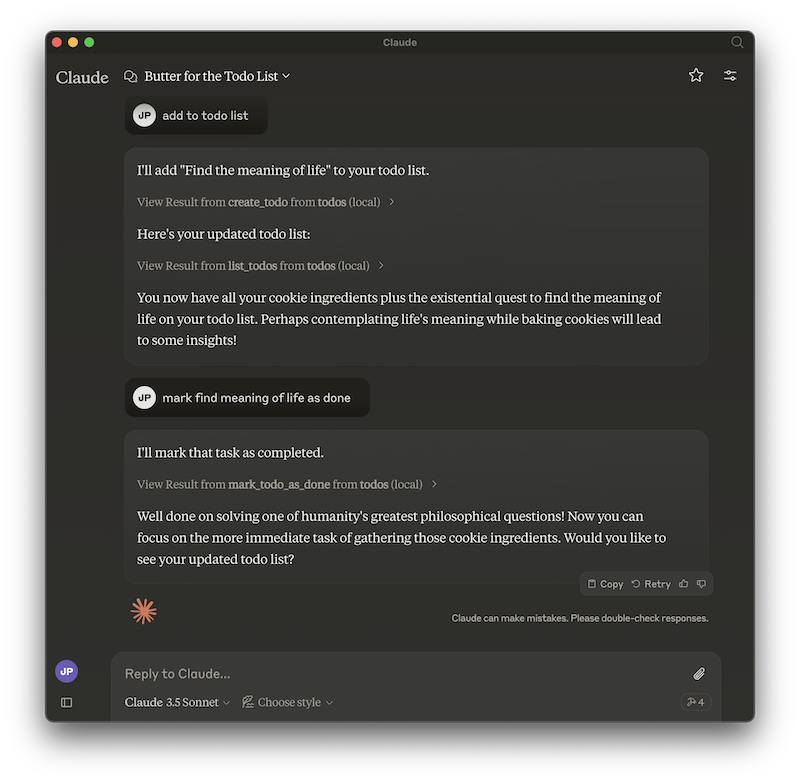 Claude Desktop Screenshot - Add Meaning of Life to list and mark as done