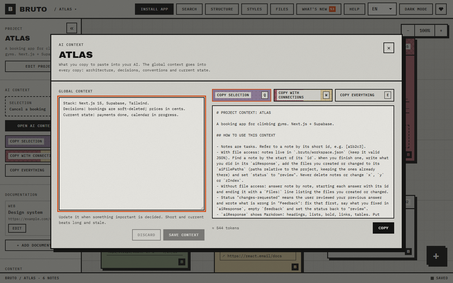 The AI context window with the global context and a preview of the copy