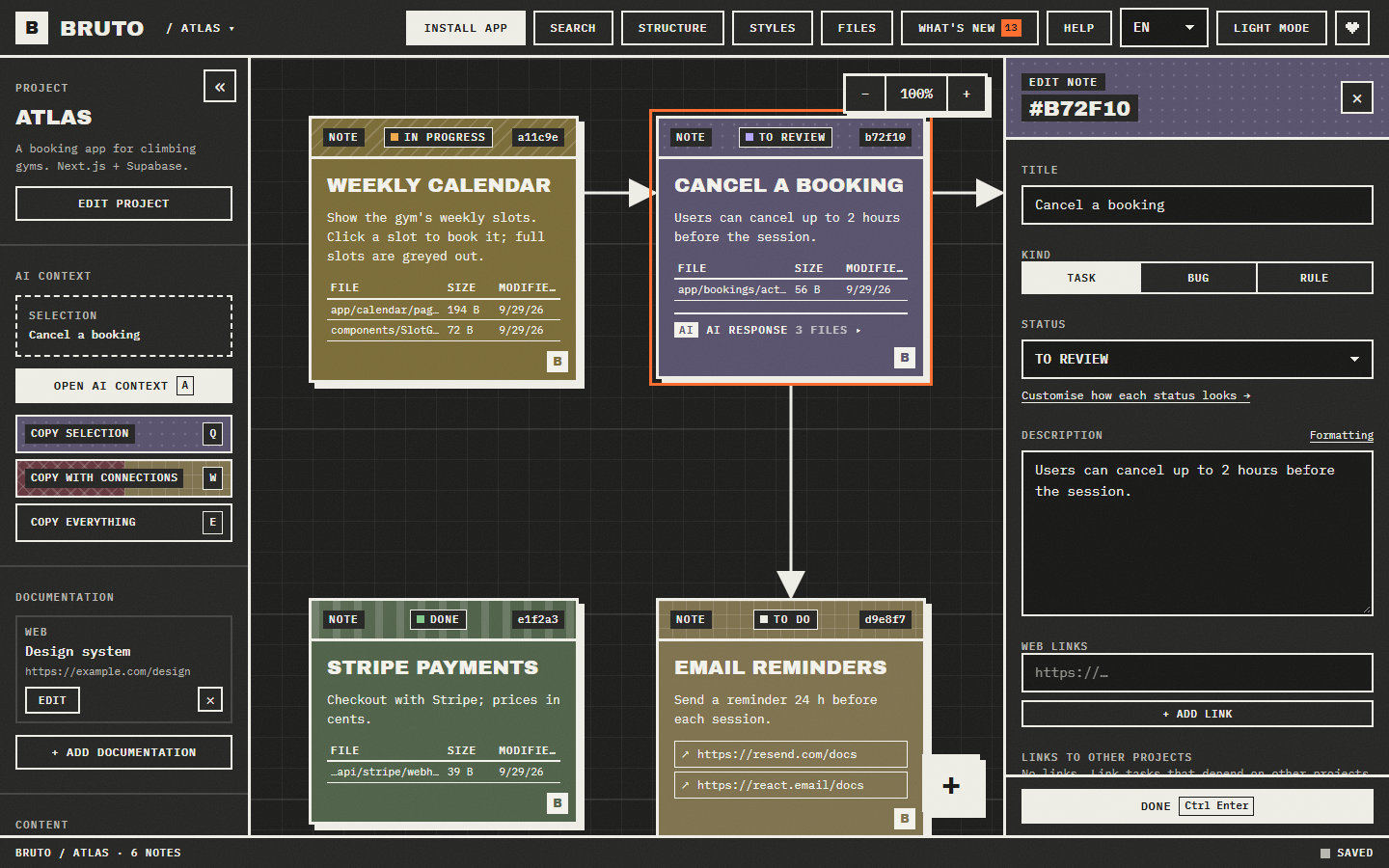 Bruto board with notes, arrows between them and the note editor open