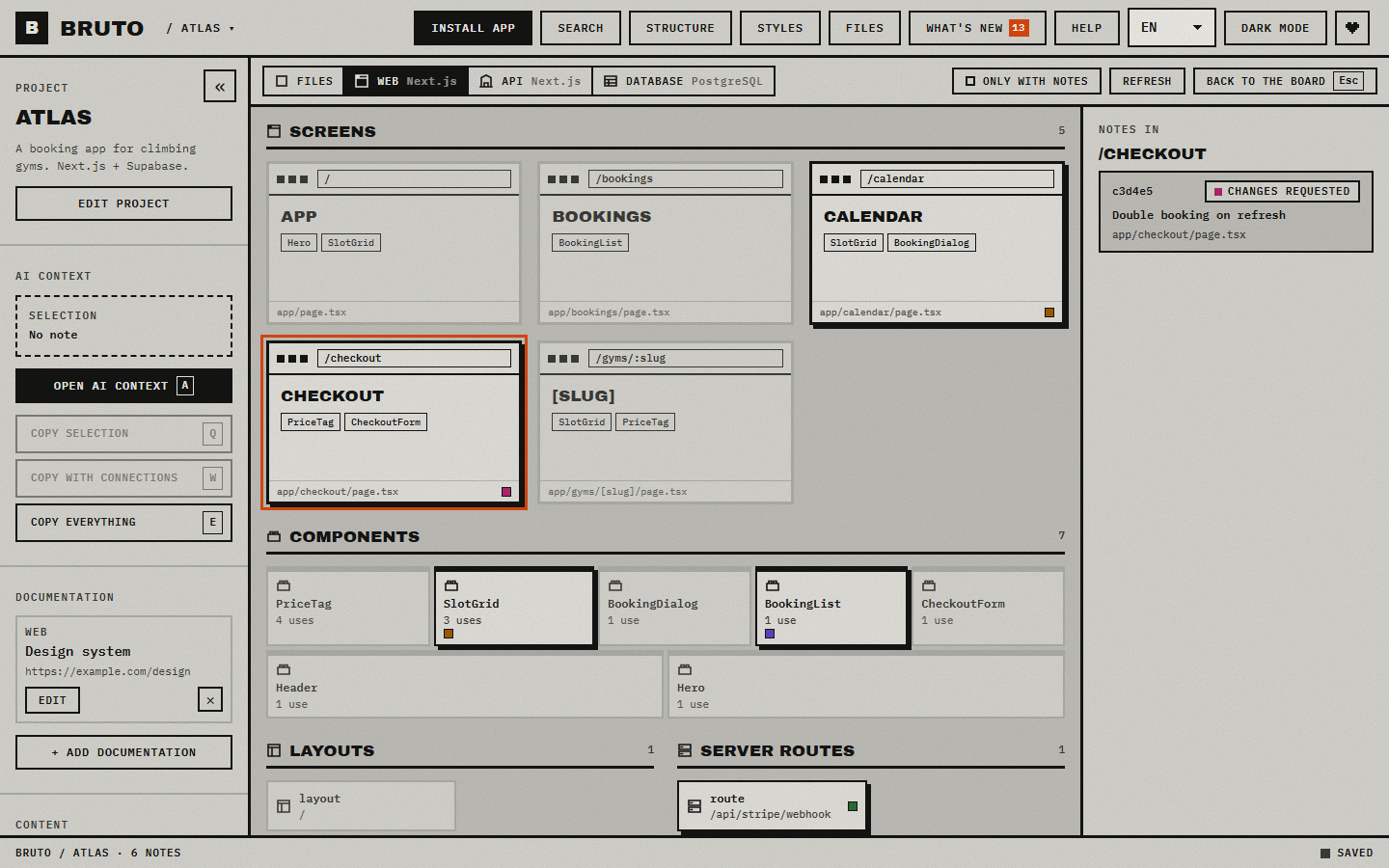 The web lens: pages drawn as browser windows with their components, and the notes on the one picked