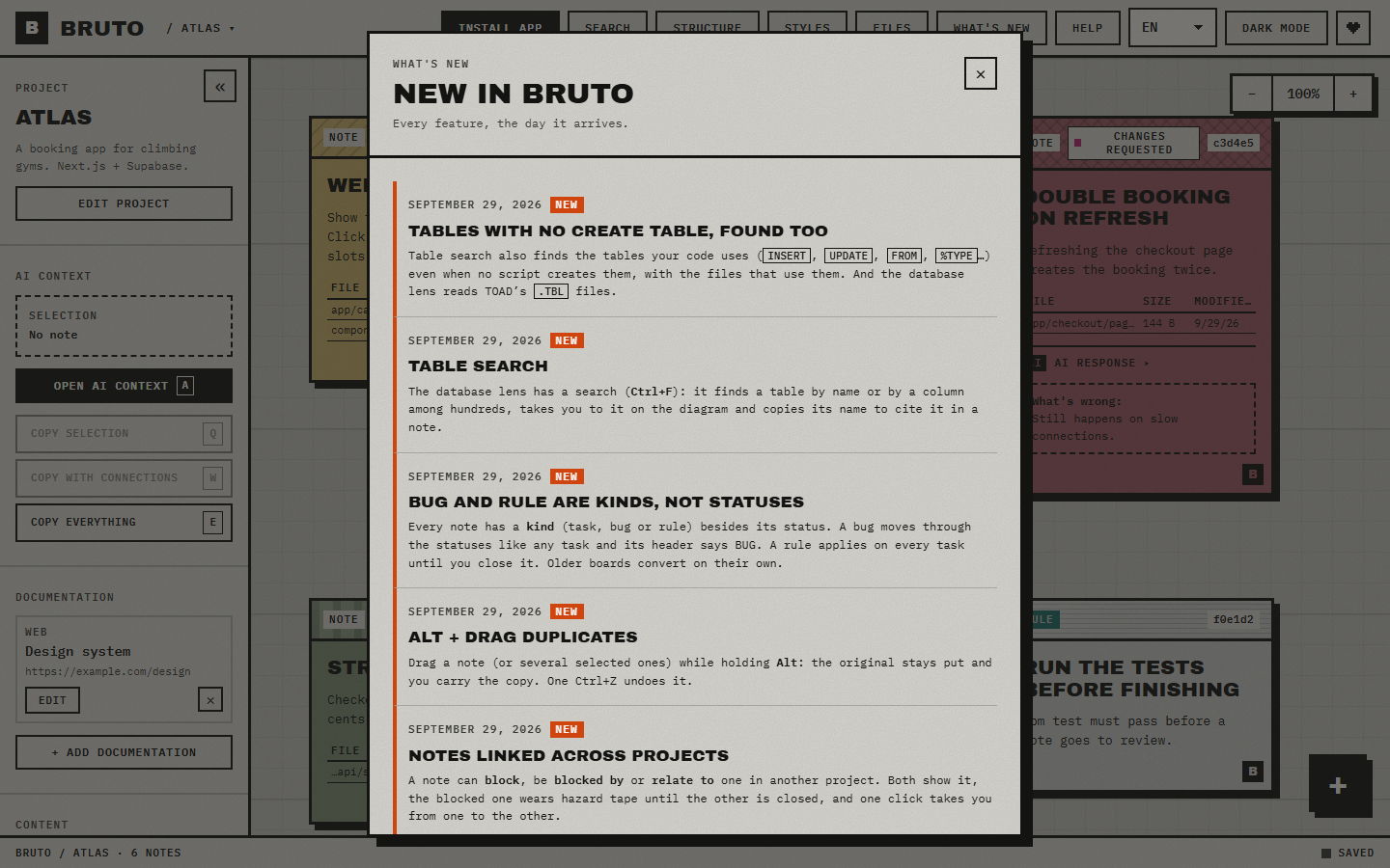 The What's new board: every feature with its entry, newest first
