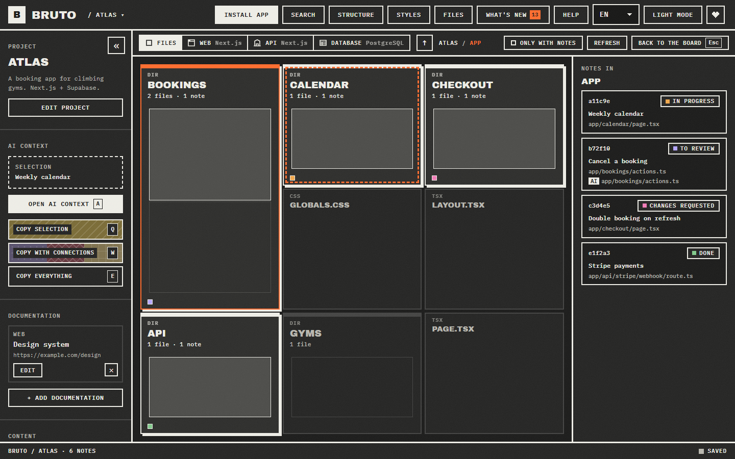 The structure view: the project's folders as blocks, marked with the notes that point at them