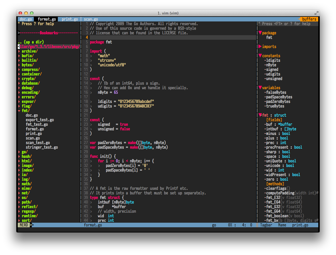 Vim with NERDTree + Tagbar Opened