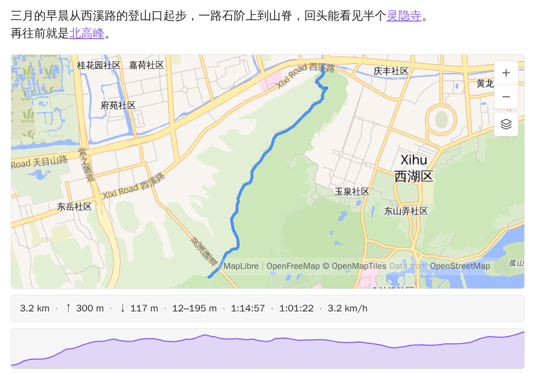 A note with an embedded .gpx rendering as a live map, distance, ascent, times and pace on a line below it, and an elevation profile under that