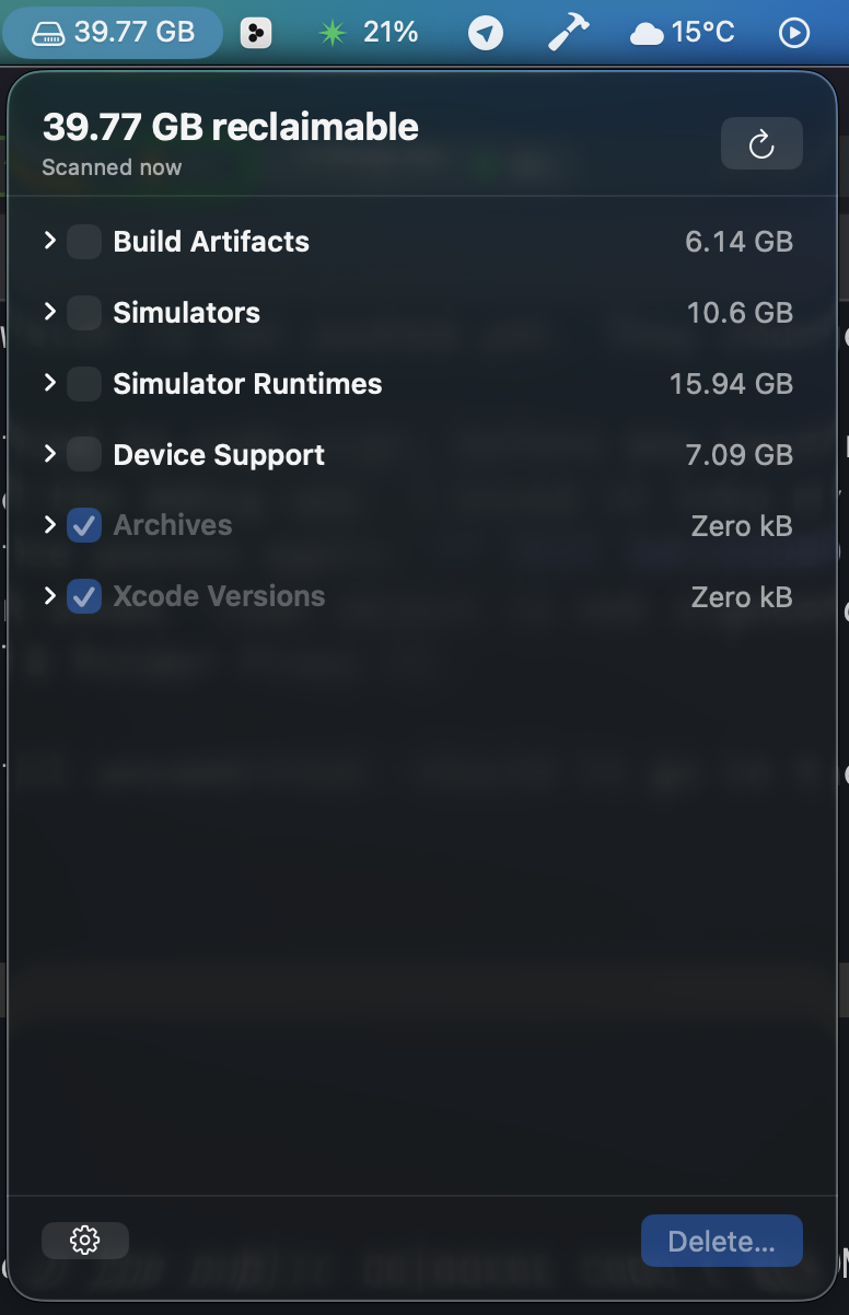The Ugh Xcode panel open from the menu bar, showing 39.77 GB reclaimable across its sections