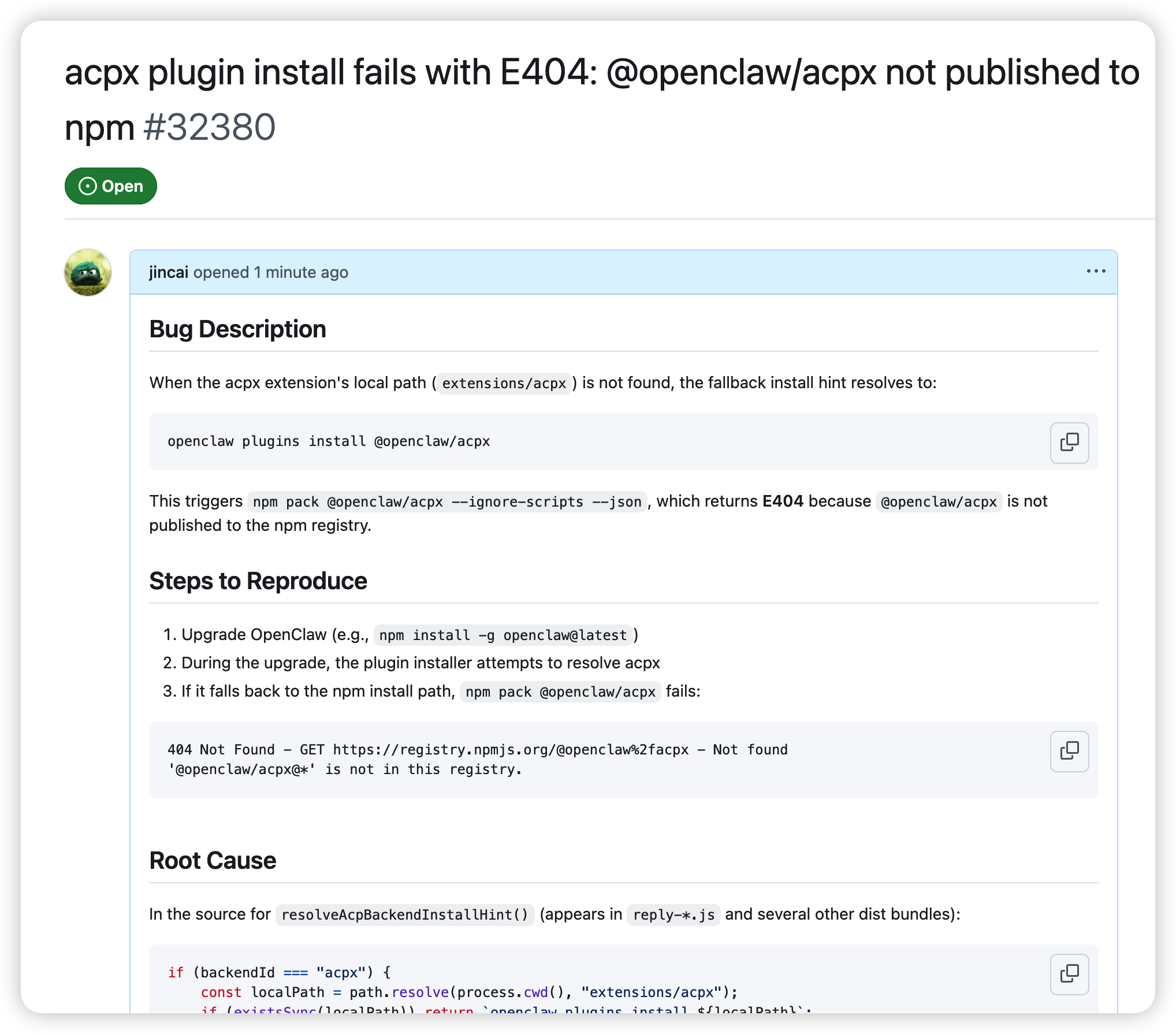提交到 GitHub 的 Issue #32380 — 包含完整的根因分析和复现步骤